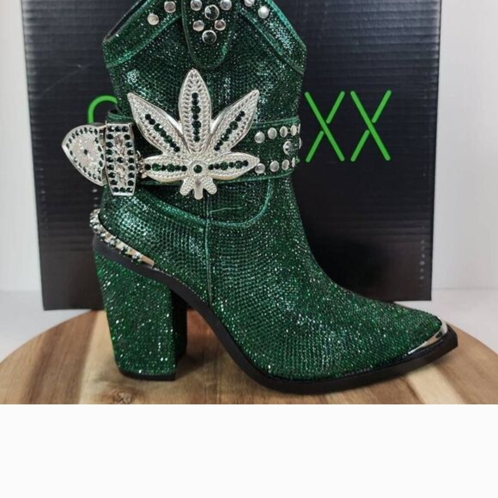 Emerald Sparkle Heeled Boots with Studded Accents